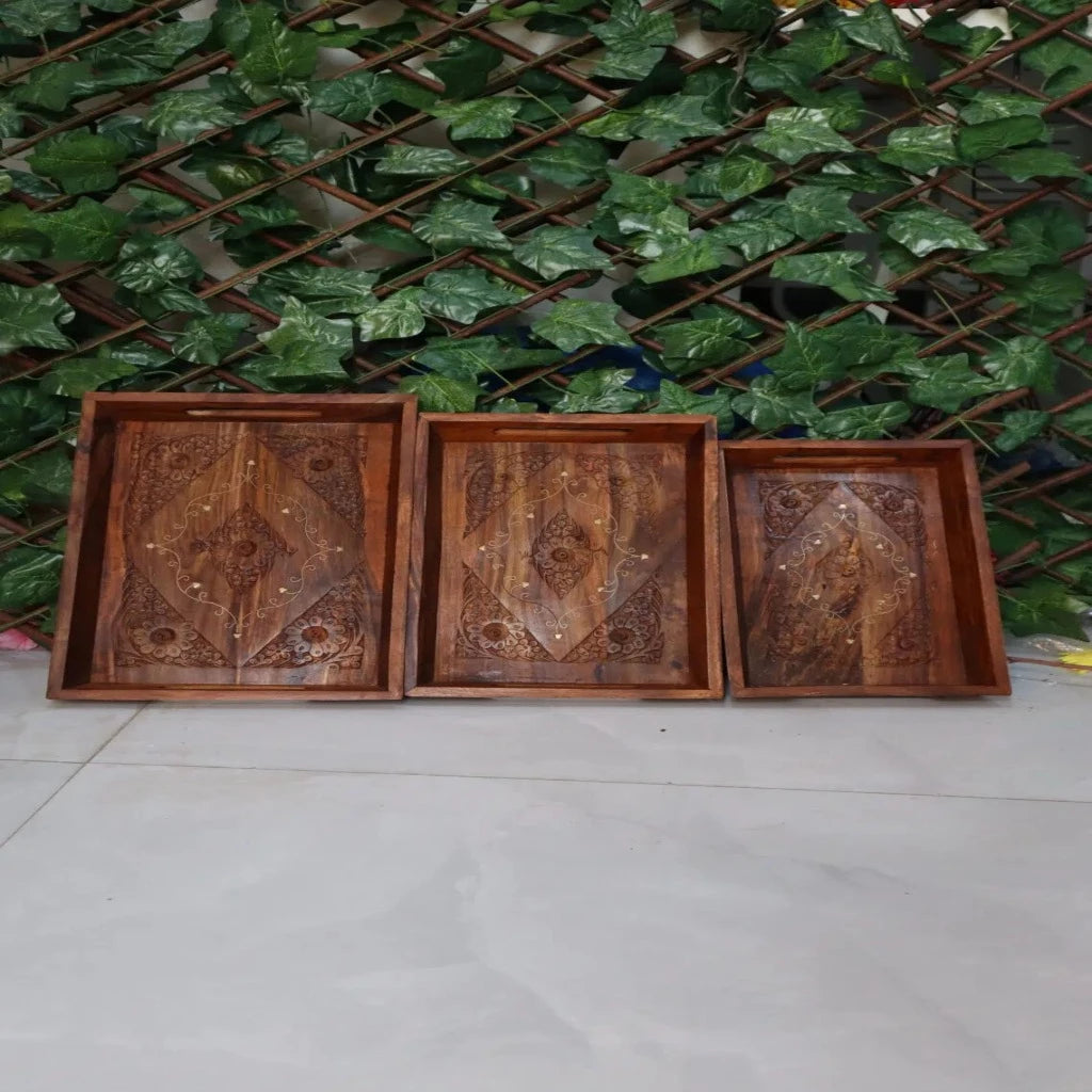 Set of 3 Wooden Trays with Handles