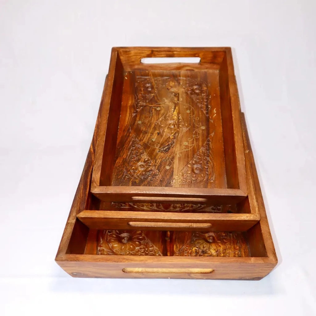 Set of 3 Wooden Trays with Handles